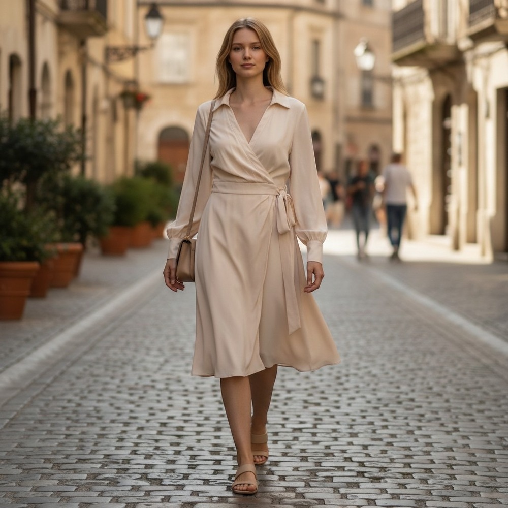 Lauren Ralph Lauren Dress Womens 4 Cream Surplice Wrap Mini Long Sleeve Crepe